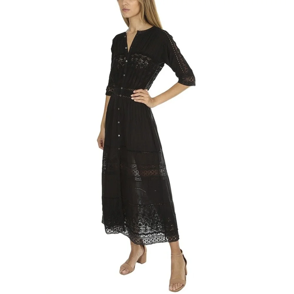 LoveShackFancy Dress‎ Womens Small Black Boho Crochet Lace Midi Button Front LSF